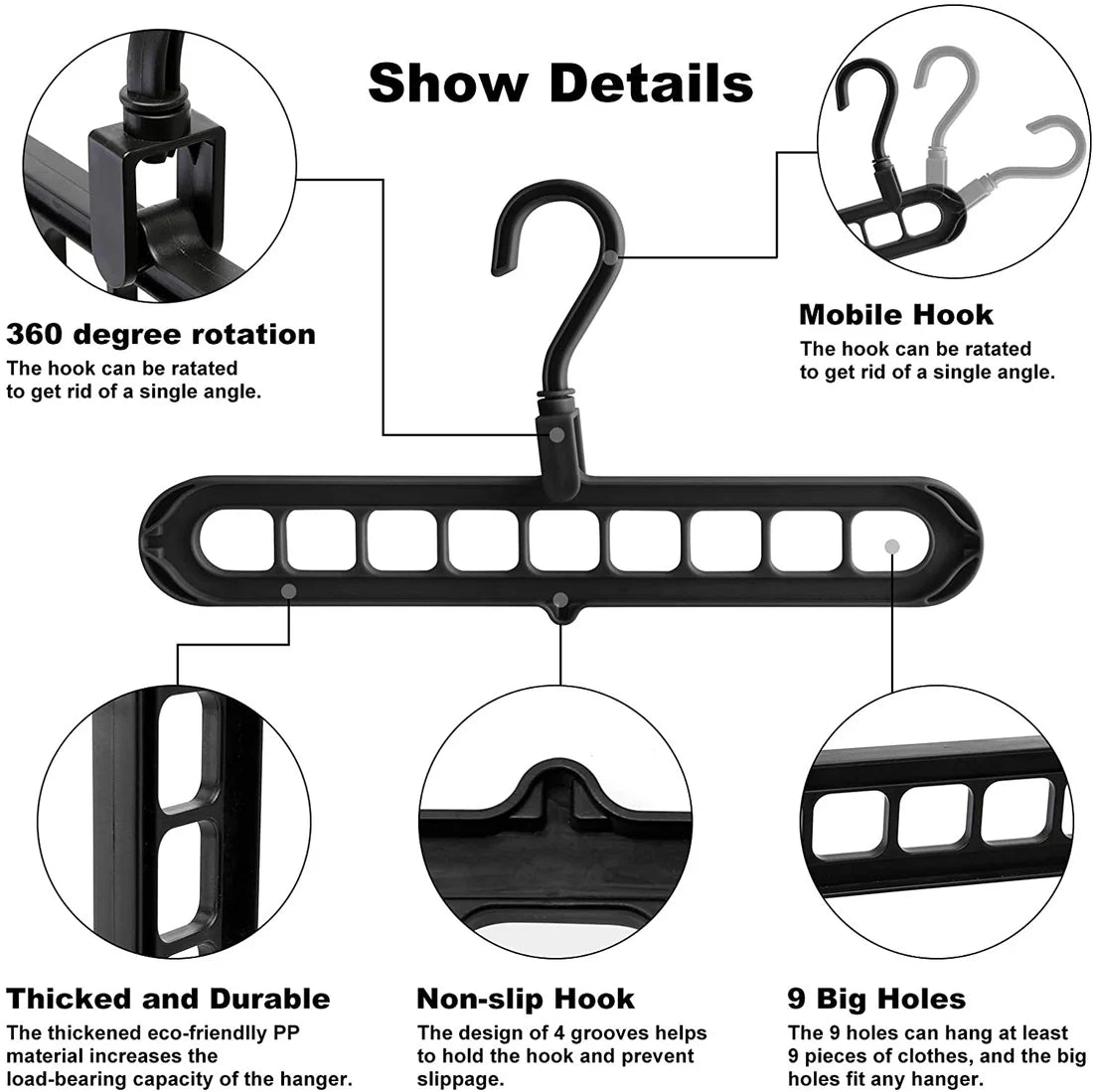 Smart Hanger 9-in-1, 9 Holes Rotate Anti-Skid Folding Hanger,